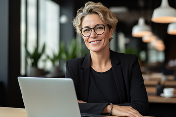 An elegant woman with stylish silver curls sits comfortably in a hip cafe, engaged in work on her laptop, her grey suit perfectly blending with the urban chic ambiance