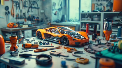Fototapeta premium Toy car and tools on the table in garage .