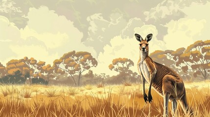 Australian Wildlife Kangaroos in Their Natural Habitat, Realistic Digital Illustration