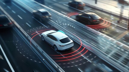 Autonomous car sensor systems for driverless safety, adaptive cruise control, smart transportation technology, 3d rendering - obrazy, fototapety, plakaty