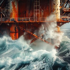 A dramatic close-up showcases the relentless force of ocean waves colliding with the robust framework of an offshore oil rig.