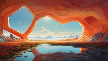 Foto op Plexiglas Stylized digital artwork of a cavern opening framing a landscape with a pathway leading to mountains © JohnTheArtist