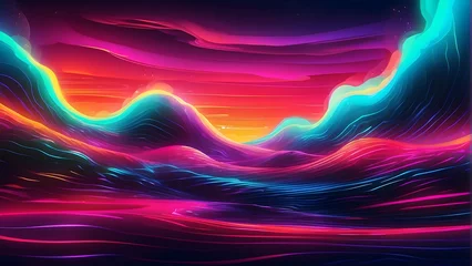 Foto op Canvas A digital art piece showcasing waves in psychedelic colors against a sunset sky signifying dreams and aspirations © JohnTheArtist