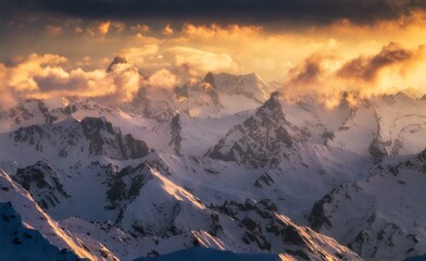Majestc Caucasus mountains looking from mt.Elbrus. Caucasus mountains region, Russia and Georgia