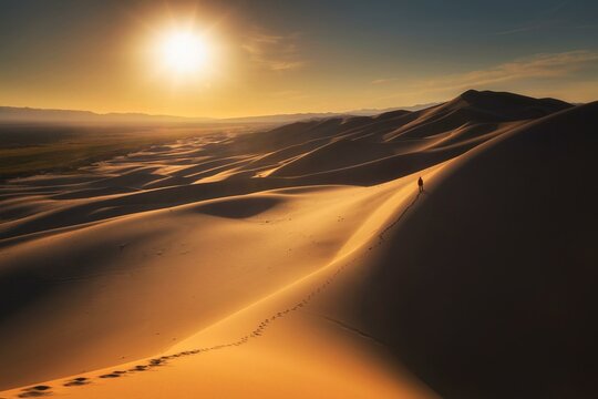 Morning hike in Khongor sand dunes. Umnugobi province, Mongolia, Asia