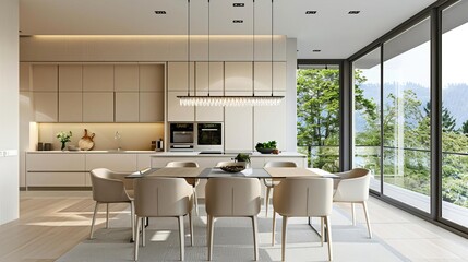 Beige home kitchen interior with dining table, chairs, and panoramic window