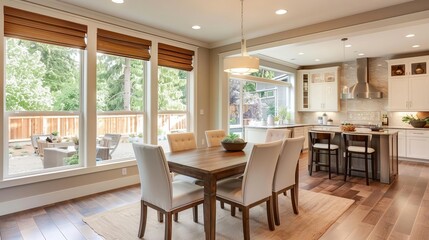 Fototapeta premium Beige home kitchen interior with dining table, chairs, and panoramic window