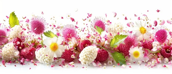   A close-up photo of a bouquet on a white background, featuring pink and white flowers as the focal point