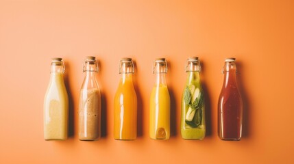 Variety of organic smoothies and fresh juices in clear glass bottles arranged on a soft orange background, harmony of health and style, no text, no titles --ar 16:9 --quality 0.5 --stylize 0 Job ID