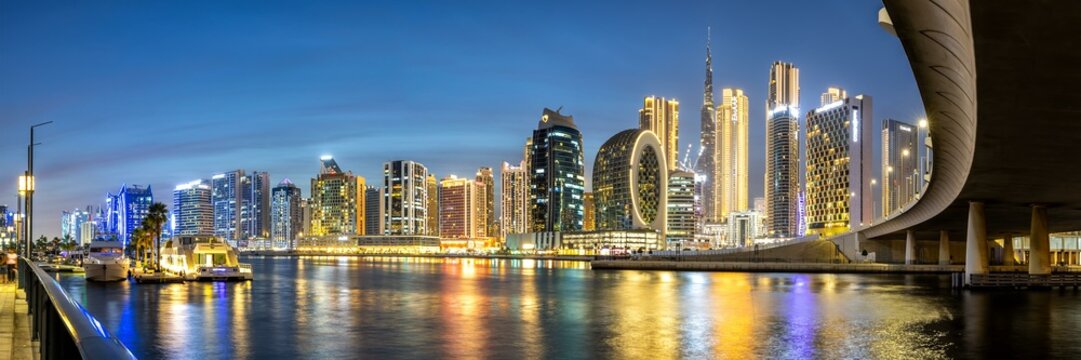View of Dubai Burj Khalifa skyline tallest building in the world in Downtown Panorama at night in Dubai, United Arab Emirates, Asia