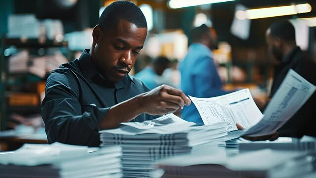 An African American man working at a polling location auditing ballots during the US election