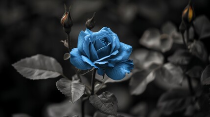 Roses are full of bright colors. Its petals display shades of deep red, pale pink, and bright yellow. However, the rose's stem and leaves are rendered in black and white. Create a dramatic contrast