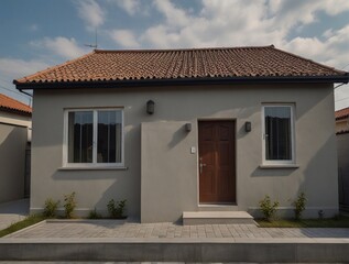 Modern house with a roof from a bituminous tile and a door