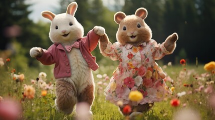 Adorable Easter bunny couple dancing in a flower-filled meadow