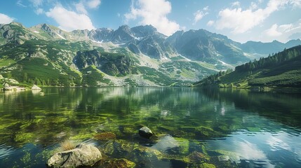 Breathtaking mountain landscape with crystal clear lake, nature photography