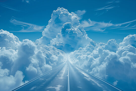 Surreal highway leading into towering cumulus clouds under blue sky