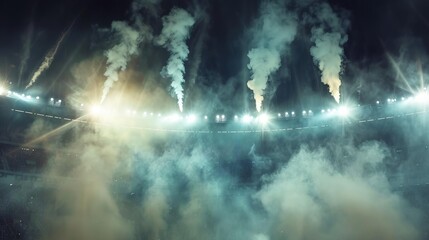 Fototapeta premium Bright stadium arena lights shining through smoke, dramatic night scene