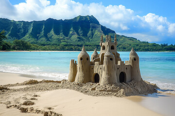 sand castle on beautiful exotic beach in vacation, generative AI