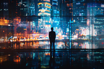 Urban Nightlife: Cityscape with People Walking Amidst Digital Lights and Skyscrapers