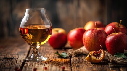 glass of Calvados Brandy and red apples on wooden table  - obrazy, fototapety, plakaty