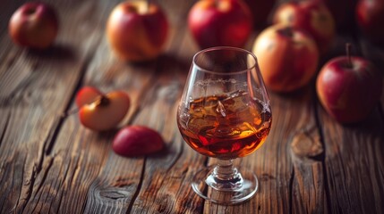 glass of Calvados Brandy and red apples on wooden table  - obrazy, fototapety, plakaty