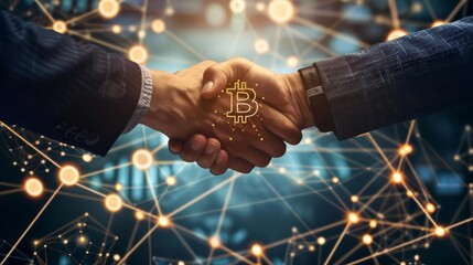 Businessmen shaking hands, crypto finance and blockchain technology concept - obrazy, fototapety, plakaty