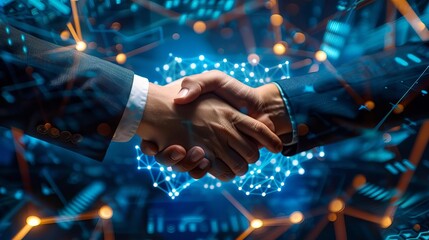 Businessmen shaking hands, crypto finance and blockchain technology concept
