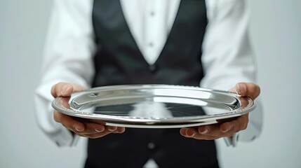Butler Waiter Holding Empty Silver Tray, Ready to Serve - Isolated on White Background