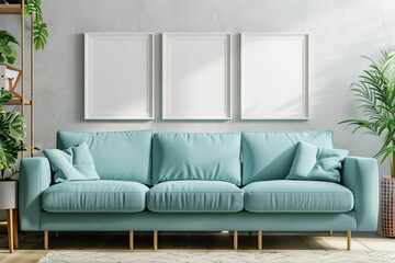 A bright Scandinavian living room featuring an aqua blue sofa against a light gray wall. Four blank empty mock-up poster frames in a bright white finish stand out above the sofa, 
