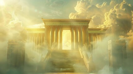 Celestial Temple with Golden Columns in Cloudy, Foggy Environment Illustration - obrazy, fototapety, plakaty