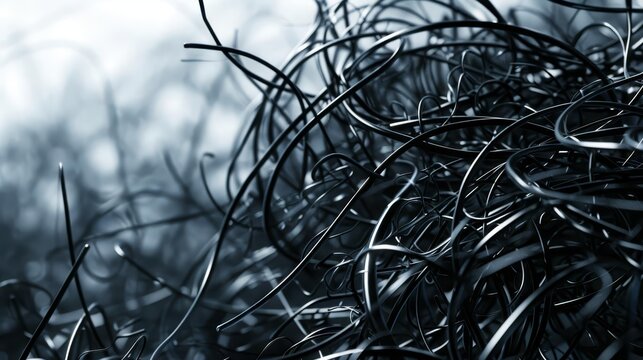Chaotic tangle of black wires forming abstract swarm, tech gone haywire conceptual 3D illustration
