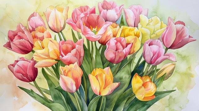 Cheerful Tulip Bouquet Pink and Yellow Blooms in Watercolor