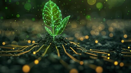 Circuit board tree sprouting from soil, green computing concept, digital art with wireframe - obrazy, fototapety, plakaty