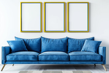A vibrant Scandinavian living room with an electric blue sofa set against a stark white wall. Three blank mock-up poster frames in a vibrant yellow finish inject a pop of color above the sofa, 
