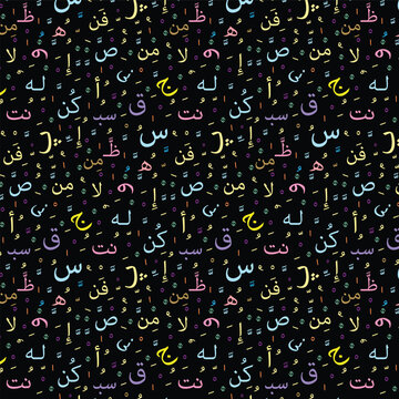 Colorful arabian alphabet letters abstract seamless arabic elements pattern on black background for oriental fabric, banners, clothing, wrapping paper or interior design. Editable. EPS 10