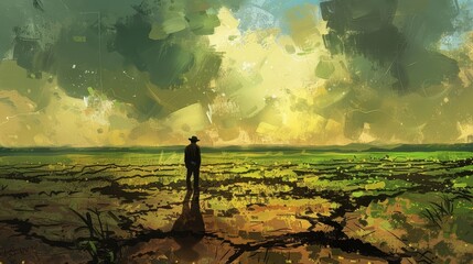 Climate change impact, contrast of lush green fields and barren dry land, farmer silhouette in changing landscape, environmental awareness concept, digital painting - obrazy, fototapety, plakaty