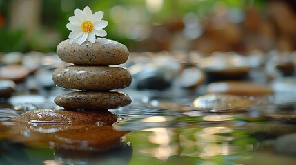 Obraz premium Rocks pile by water's edge, crowned with a single bloom