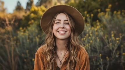 Close-Up High-Resolution Image of Young Happy Woman Wearing Hat and Casual Outfit, Lifestyle Photography - obrazy, fototapety, plakaty