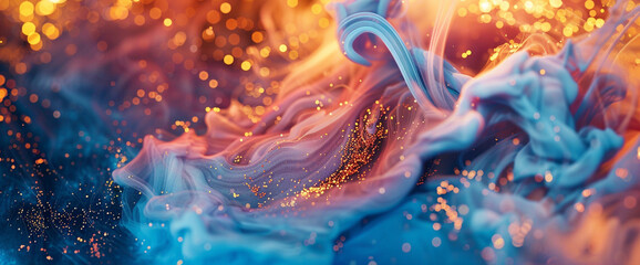 Captivating macro image capturing the dynamic interaction between marble ink and shimmering glitters, resulting in an enchanting abstract masterpiece. - obrazy, fototapety, plakaty