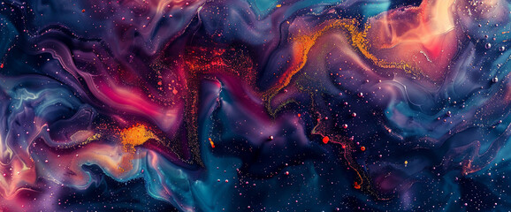 Close-up perspective of marble ink swirling in a kaleidoscope of colors, embellished with glitters that sparkle like celestial bodies in the night sky. - obrazy, fototapety, plakaty