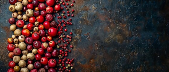   Arrange various fruits and vegetables in triangular shape on black background with rusted surface - obrazy, fototapety, plakaty