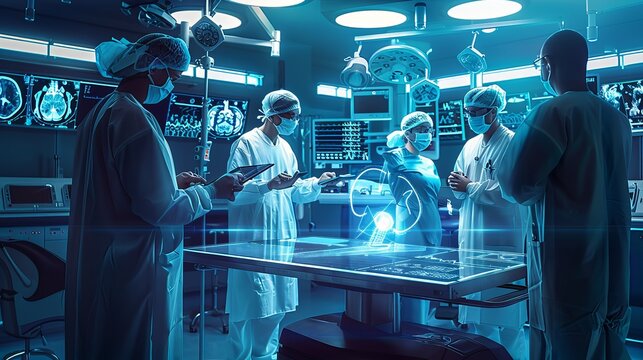 Surgical Team Reviewing Digital Blueprints in State-of-the-Art Operating Room
