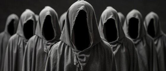   A line of hooded figures facing away from the camera, dressed entirely in black and white