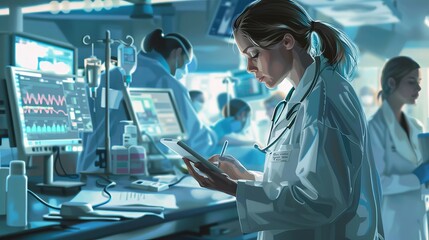 Focused Doctor Updating EHR at Busy Nursing Station