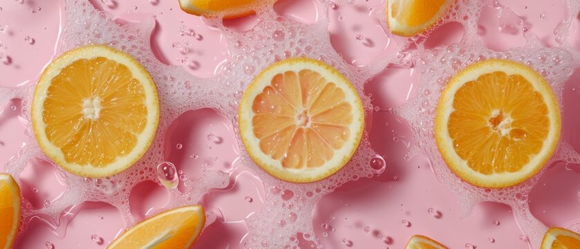   Orange slices on pink surface with water droplets