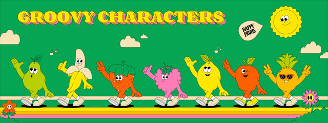 Summer Fruits. Retro groovy banner. Comic characters strawberry, lemon, banana, apple, pineapple, pear, raspberry and more. Vector illustration.
