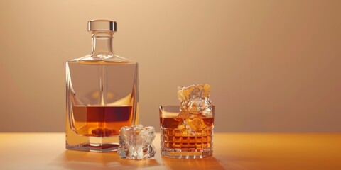 whiskey decanter with glasses of ice on wooden table Generative AI