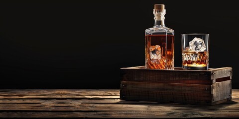 bottle of whiskey with glasses of ice on a wooden table Generative AI - obrazy, fototapety, plakaty