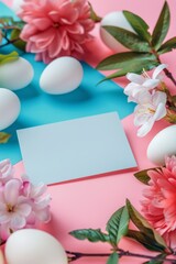 Naklejka na ściany i meble Easter background with eggs and flowers Generative AI