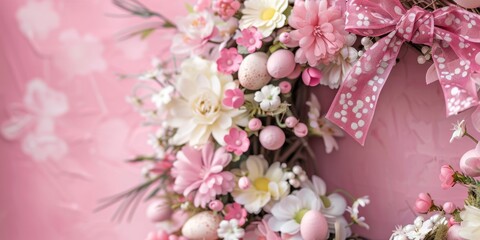 Easter background with eggs and flowers Generative AI